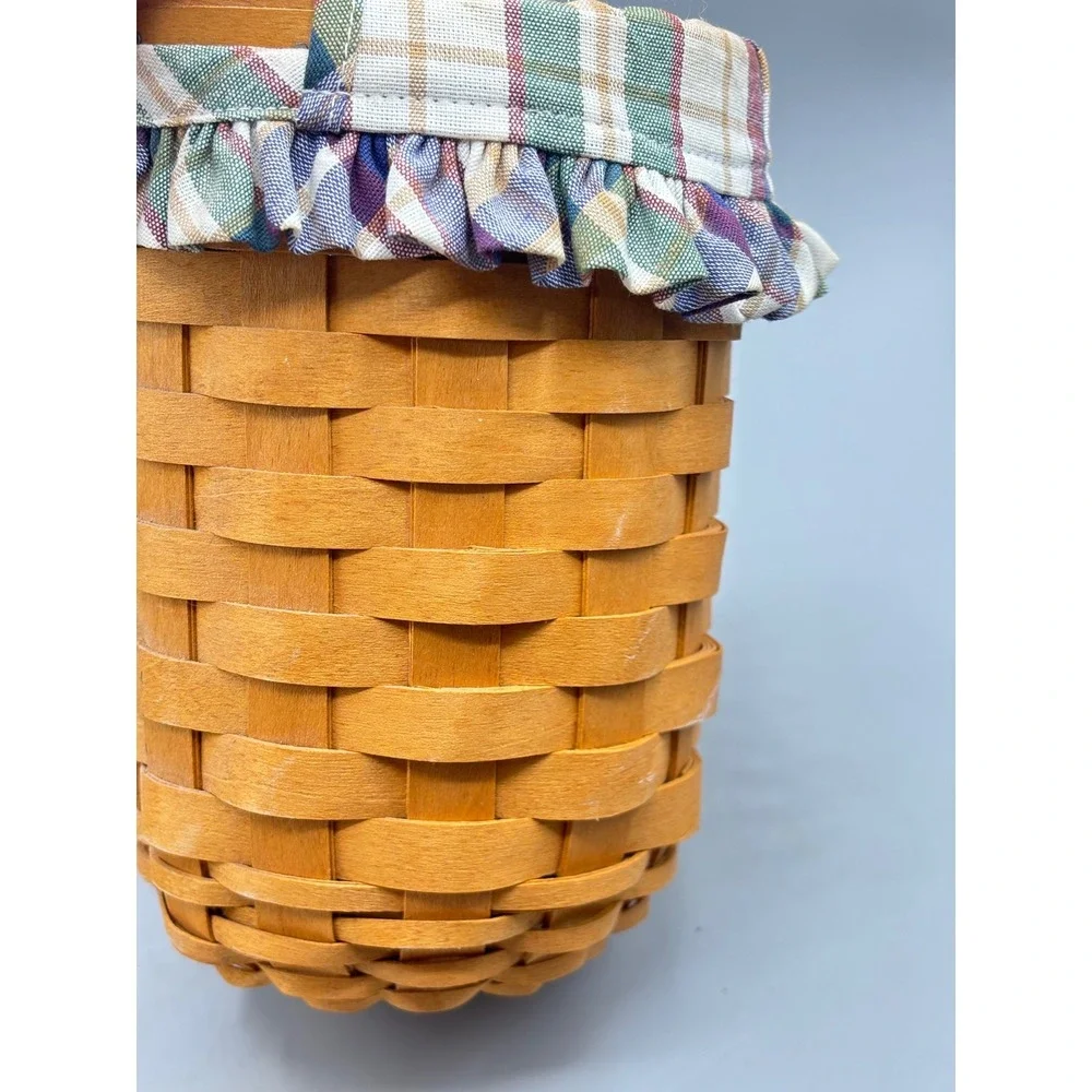 Longaberger 2001 Gatehouse Handwoven Hanging Basket Plaid Liner Leather Handle